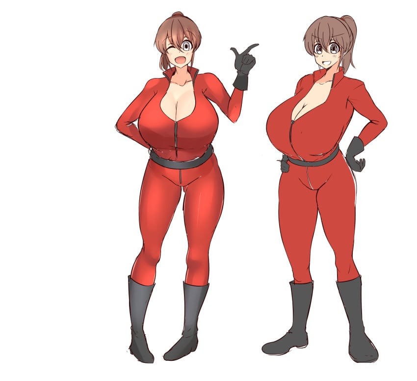 aen030 belt black_belt black_gloves blush bodysuit boots breasts brown_hair cleavage commentary_request curvy female full_body gloves hair_between_eyes hakurei_reimu hand_on_own_hip happy high_ponytail highres huge_breasts jumpsuit kureha_reimu one_eye_closed pigeon-toed ponytail red_bodysuit red_jumpsuit simple_background smile standing touhou white_background wink yukkuri_to_rooru_suru_trpg