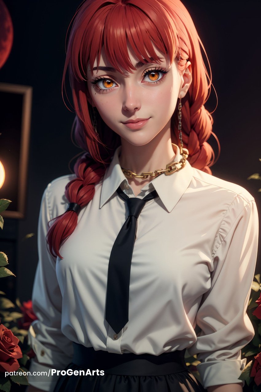 1girls ai_generated artist_name black_necktie black_skirt braid braided_ponytail breasts chains chainsaw_man collared_shirt earrings flower hair_over_shoulder hi_res jewelry lips long_hair looking_at_viewer makima_(chainsaw_man) necklace necktie nose orange_eyes patreon_username progenarts red_flower red_hair red_rose ringed_eyes rose shirt shirt_tucked_in skirt smile solo twin_braids upper_body web_address white_shirt