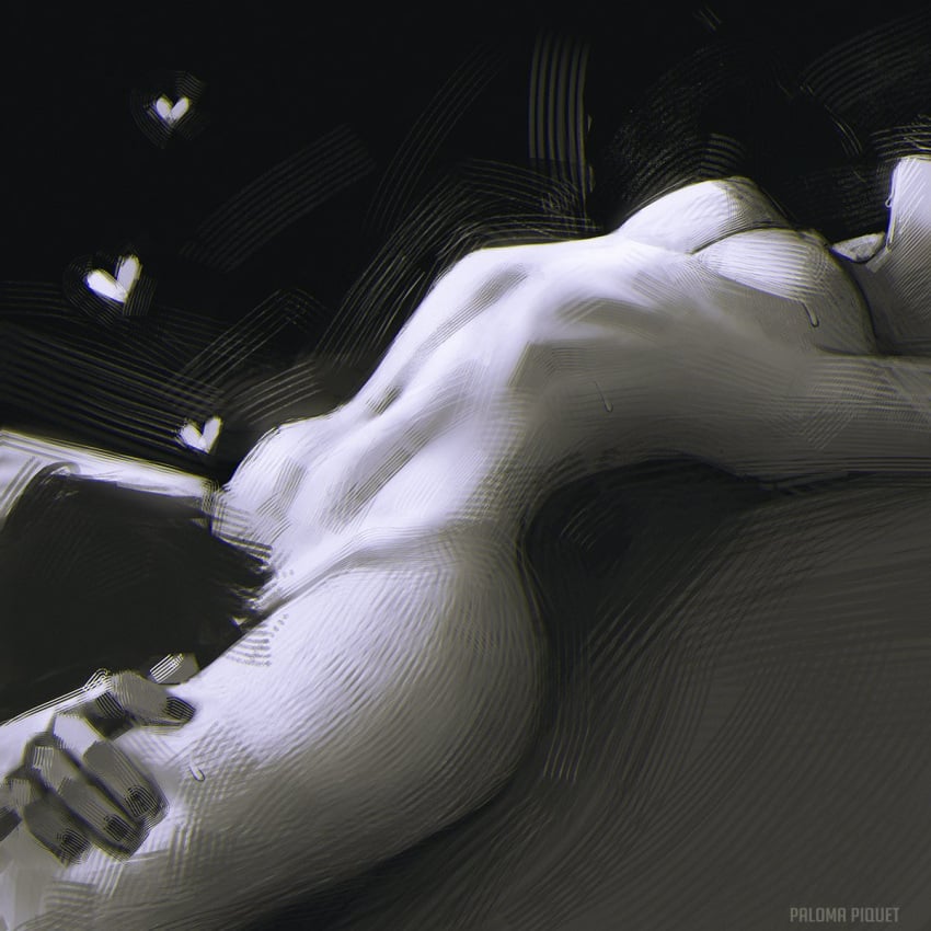 cunnilingus digital_painting_(artwork) female female_focus female_on_top going_down_on greyscale head_between_thighs implied_cunnilingus implied_oral male/female medium_breasts monochrome no_visible_face no_visible_genitalia oral paloma_piquet ribs skinny skinny_girl tasteful tasteful_nudity