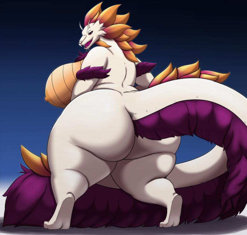 anthro ass big_breasts big_butt big_tail breasts capcom female hi_res leviathan_(mh) looking_at_viewer looking_back mizutsune monster_hunter noryega open_mouth solo tail thick_thighs