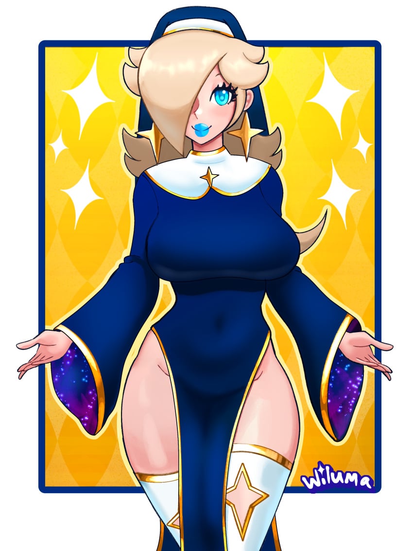 1girls blonde_hair blue_eyes blue_lipstick gold_trim large_breasts looking_at_viewer mario_(series) nun princess_rosalina side_slit thighhighs thighs wide_hips wiluma