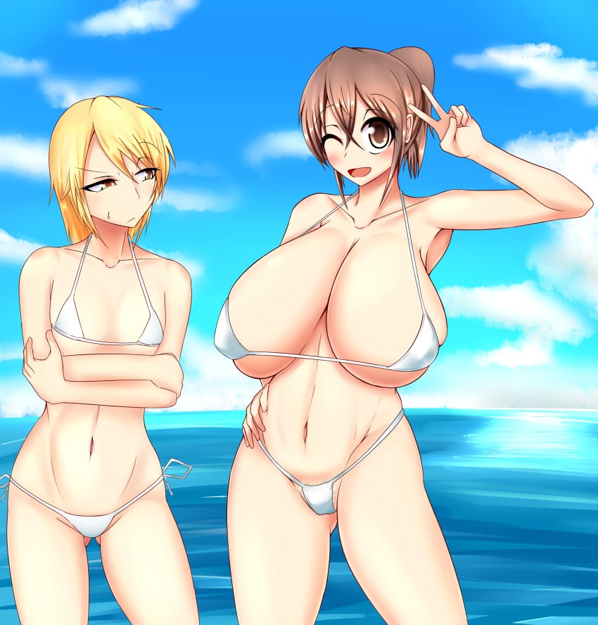 2girls aen030 armpits bikini blonde_hair breast_envy breasts brown_eyes brown_hair cleavage cloud contrapposto cowboy_shot facing_viewer flat_chest gluteal_fold hair_between_eyes hakurei_reimu hand_on_own_hip high_ponytail highres huge_breasts kirisame_marisa kureha_reimu linea_alba looking_at_breasts looking_at_viewer marisa_carnby micro_bikini multiple_girls navel ocean one_eye_closed pubic_hair pubic_hair_peek short_hair side-tie_bikini_bottom skindentation sky smile standing sweatdrop swimsuit touhou underboob v white_bikini wink yukkuri_to_rooru_suru_trpg