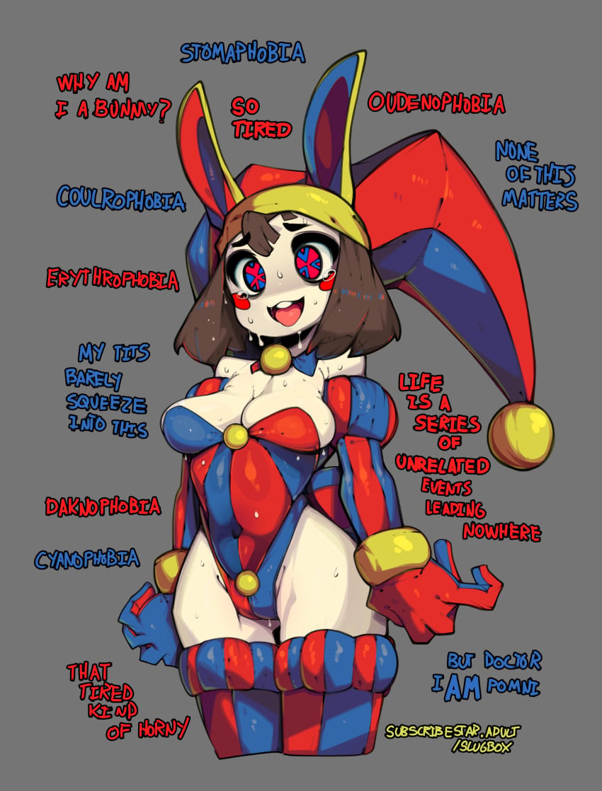 auditory_hallucinations bunny_ears bunnysuit clown_makeup confused confused_look coulrophobia cyanophobia daknophobia erythrophobia inner_voice looking_at_viewer medical_term multicolored_ears multicolored_eyes oudenophobia phobia phobias pomni_(the_amazing_digital_circus) schizophrenia slugbox subtitles sweating sweaty_body tagme talking_to_another the_amazing_digital_circus