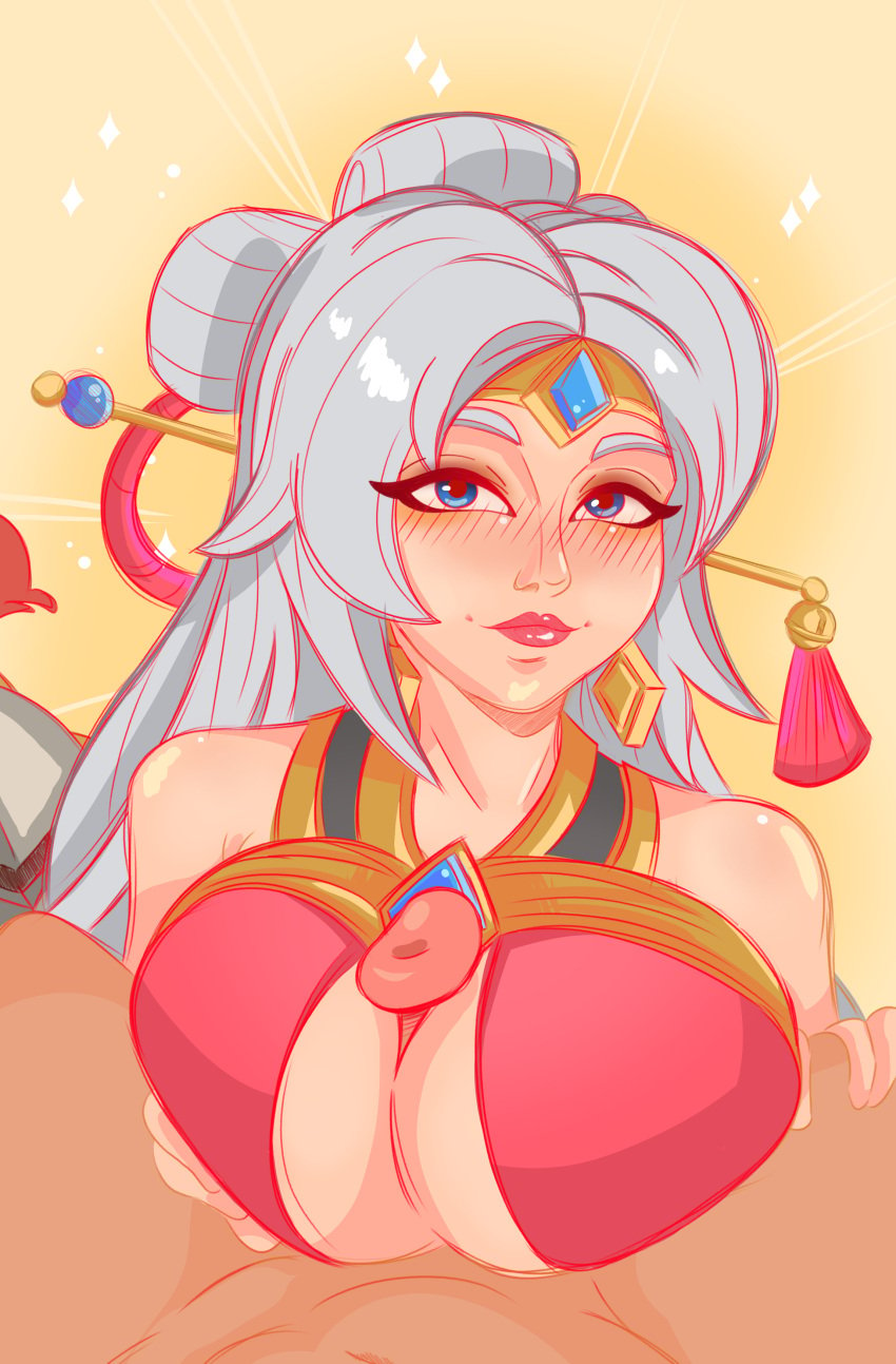 1boy 1girls big_breasts blue_eyes blush blushing boob_window boobjob breast_squish breasts clothed clothing female fernando_(paladins) lian_(paladins) lipstick long_hair makeup male mett_04 paladins paladins_champions_of_the_realm pov pov_eye_contact smile white_hair