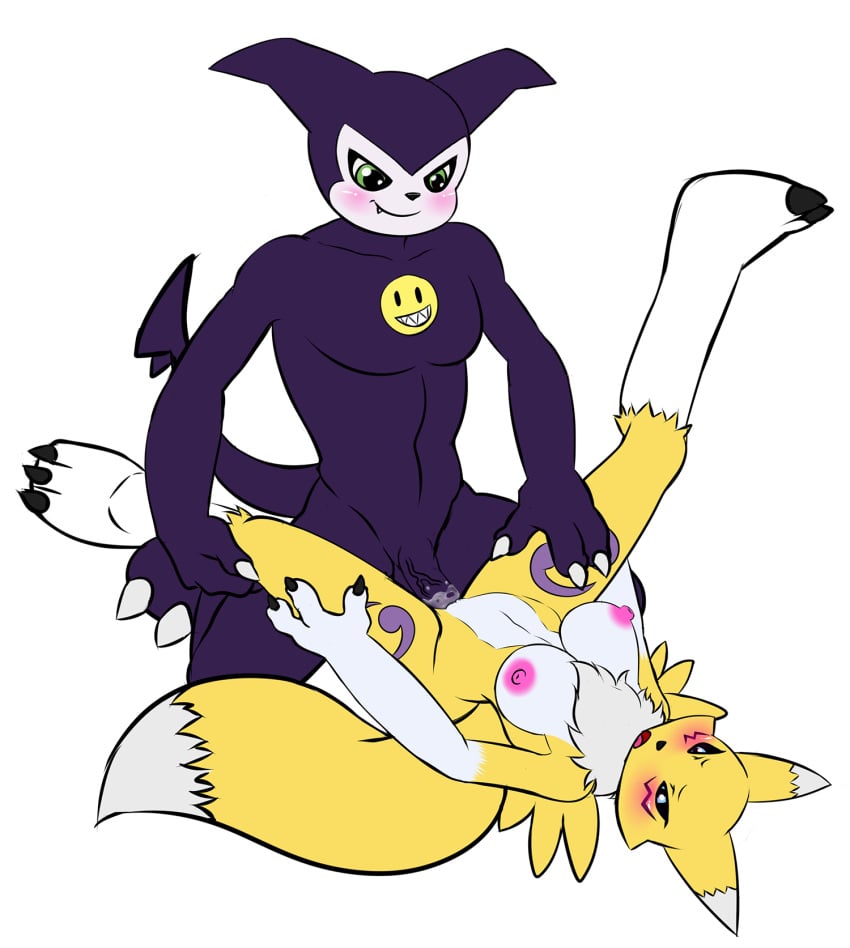 anthro bandai_namco big_breasts blush bodily_fluids breasts canid canine digimon digimon_(species) duo female fox from_front_position genital_fluids hi_res humanoid imp impmon lying male male/female mammal missionary_position nude on_back pia-sama renamon sex spread_legs spreading