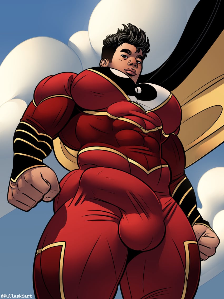 asian_male big_pecs big_penis bulge bulge_through_clothing dc_comics hard_bulge kong_kenan low_pov male_only muscle pullaskiart super_man superhero tight_clothing worm's-eye_view