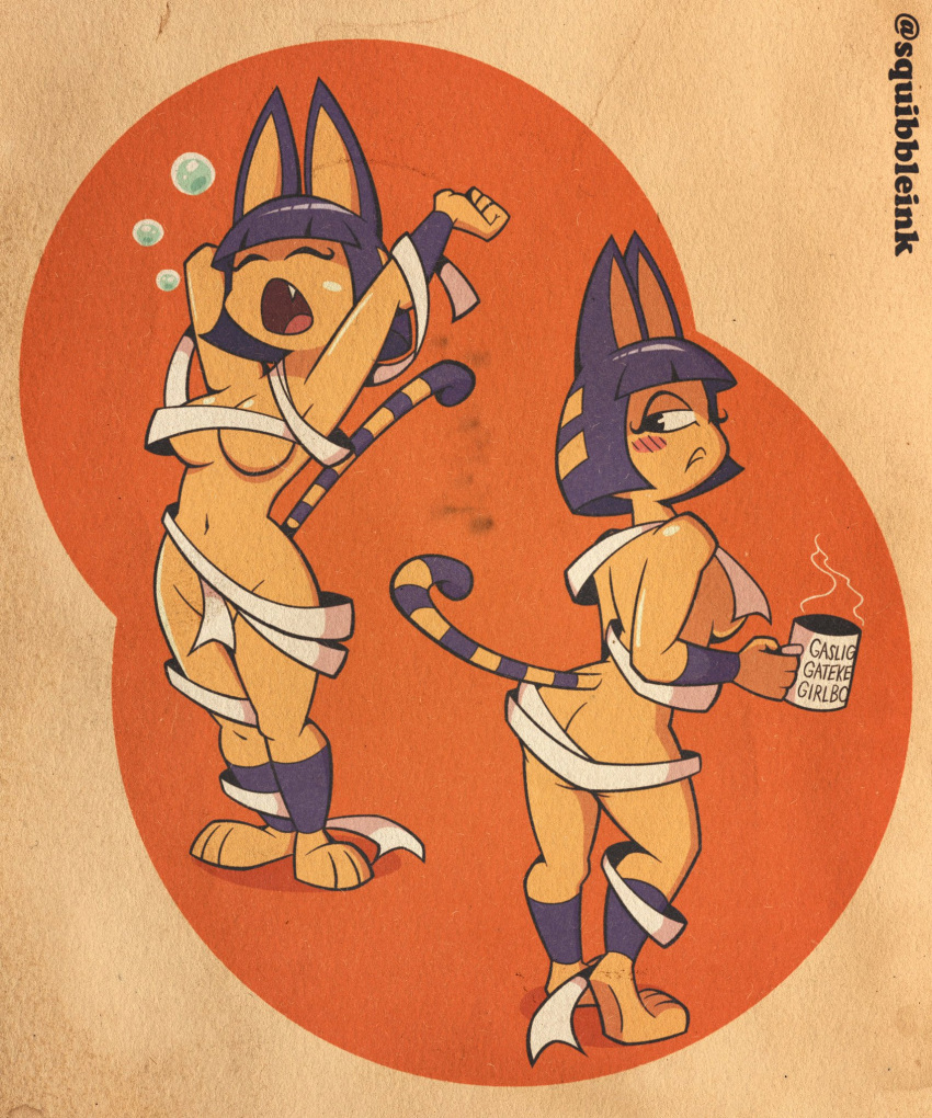 1girls animal_crossing ankha ass breasts female mummy_wrappings nude squibble_ink tagme yawn