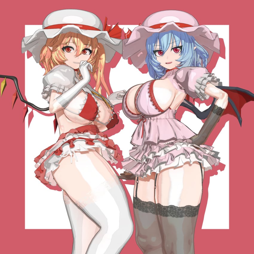 3d alternate_breast_size bat_wings big_breasts blonde_hair blue_hair flandre_scarlet hands_on_hips hat headwear idohori_people koikatsu ponytail red_eyes remilia_scarlet side_ponytail side_view sideboob sisters skimpy_clothes skirt smile standing thighhighs thighs touhou vampire wings