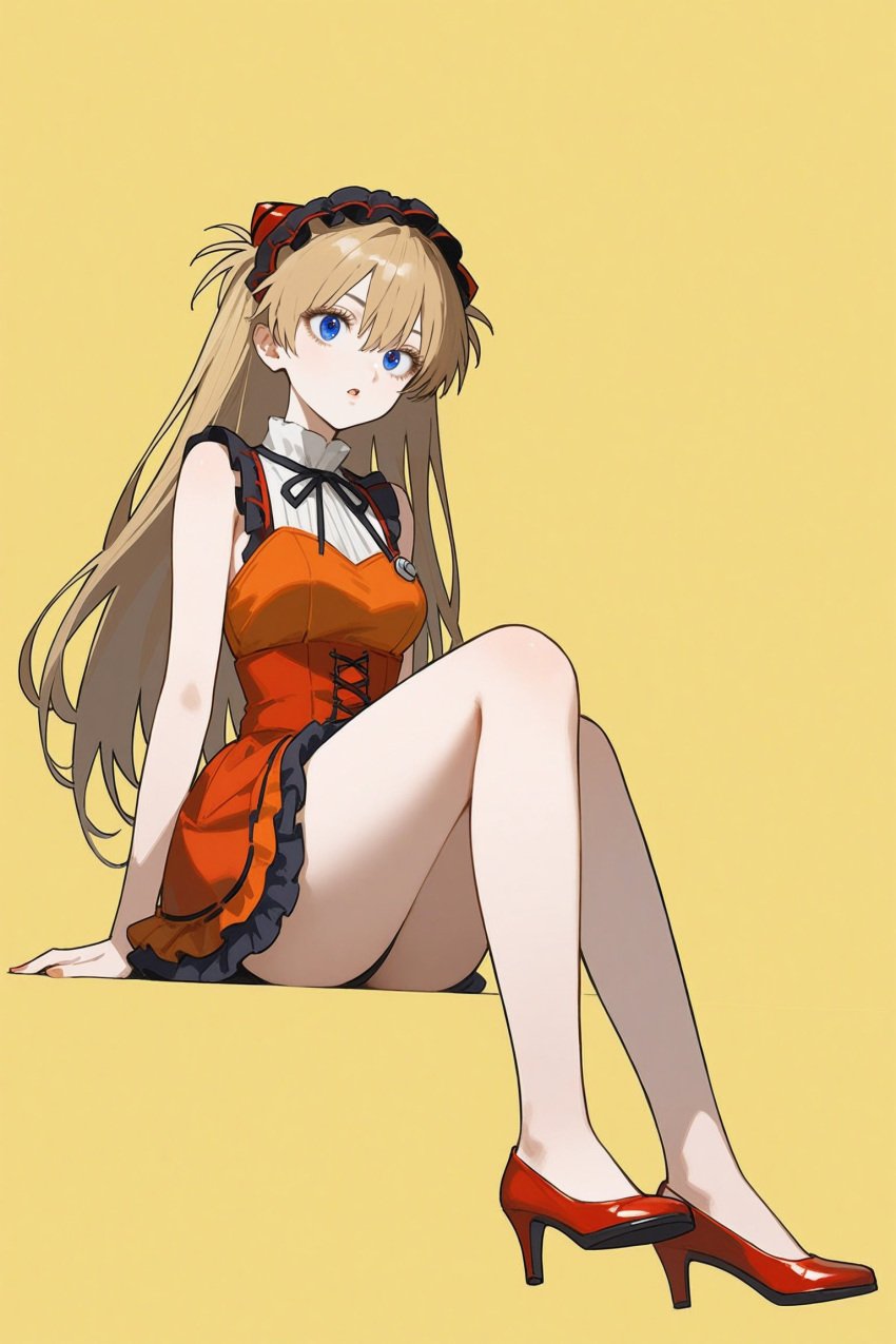 1girls ai_generated alternate_costume asuka_langley_sohryu dress full_body heels neon_genesis_evangelion open_mouth orange_hair shoppy skirt surprised yellow_background