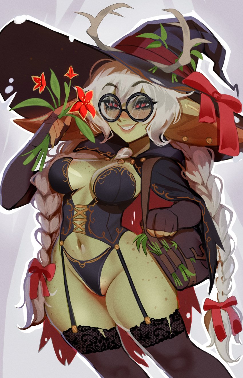 1girls absurd_res armwear big_ears borrowed_character corset ear_piercing female female_only flower freckles garter_straps glasses goblin goblin_female gobtober gobtober_2024 green_skin kheesh_(personalami) long_hair maewix1 narrowed_eyes panties pointy_ears red_eyes round_glasses slit_pupils smile smiling solo stockings twin_braids white_hair witch witch_hat