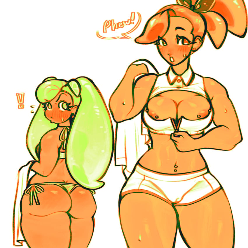 2girls areola_slip areolae big_ass big_butt big_thighs bikini blush breasts breasts_squeezed_together cookie_run cookie_run_ovenbreak flashing flashing_breasts lattel0ver_(artist) lime_cookie looking_at_breasts oiled orange_cookie pierced_nipples piercings shocked sweaty tennis_uniform thick_thighs xxxjuiced zipper