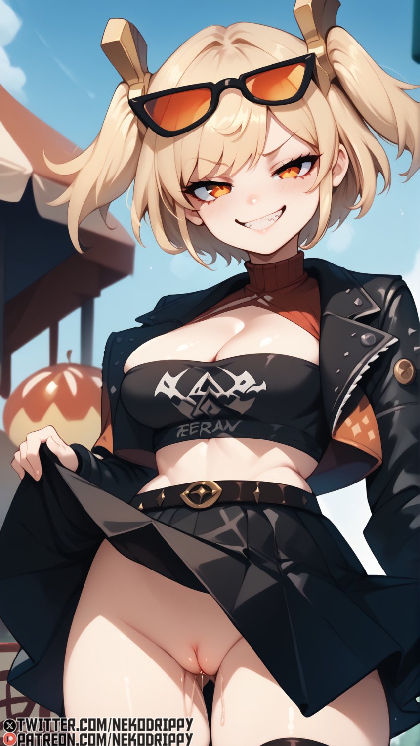 2024 ai_generated blonde_hair burnice_white high_resolution highres leather leather_clothing leather_jacket nekodrippy orange_eyes pussy pussy_juice pussy_juice_drip skirt_lift smug_face stable_diffusion sunglasses_on_head twintails zenless_zone_zero