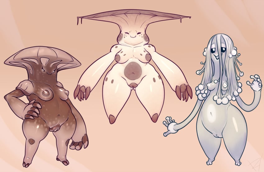 3girls anthro anthro_only black_sclera breasts claws closed_eyes derekhetrick female fungi_fauna fungi_humanoid furry group multiple_girls mushroom_humanoid nipples no_humans pussy slightly_chubby smile