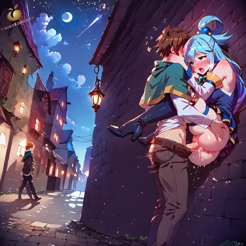 1boy 1girls against_wall ai_generated alley alleyway aqua_(konosuba) aqua_eyes aqua_hair blue_eyes blue_hair drunk drunk_sex goddess high_heel_boots high_heels jlullaby_(style) kono_subarashii_sekai_ni_shukufuku_wo! night sex stand_and_carry_position standing standing_sex tagme twistedpeach vaginal_penetration vaginal_sex wet_pussy