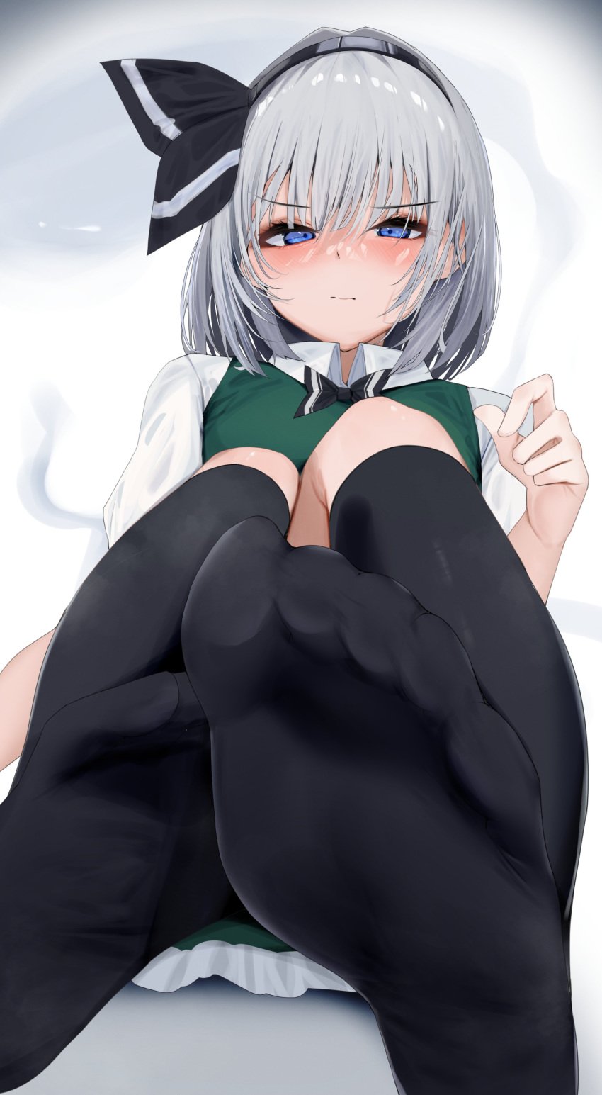 258n angry annoyed black_legwear blue_eyes feet feet_focus feet_together footwear light-skinned_female light_skin touhou white_hair youmu_konpaku