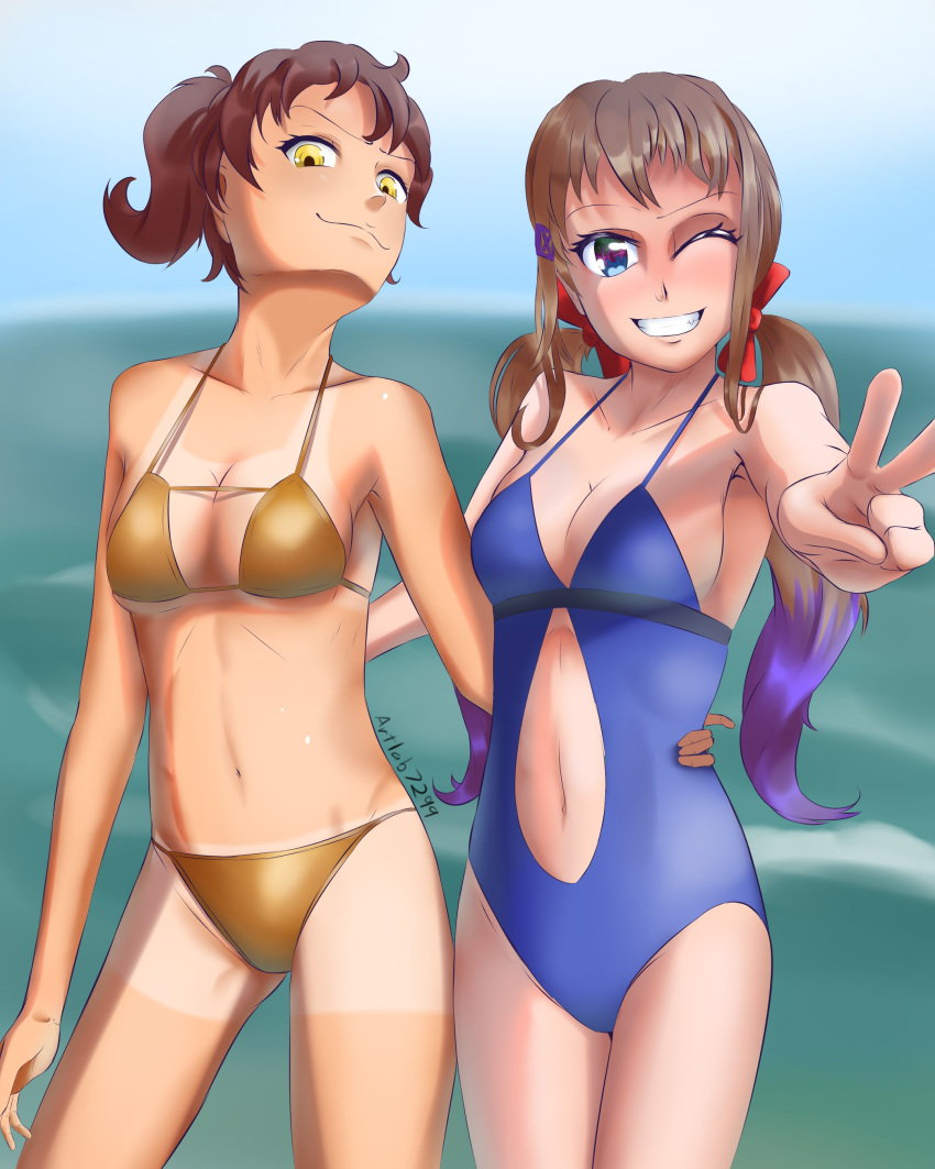 2girls artlabafterdark bare_shoulders breasts cleavage doki_doki_literature_club female femc_(doki_doki_literature_club) navel tanline yellow_eyes