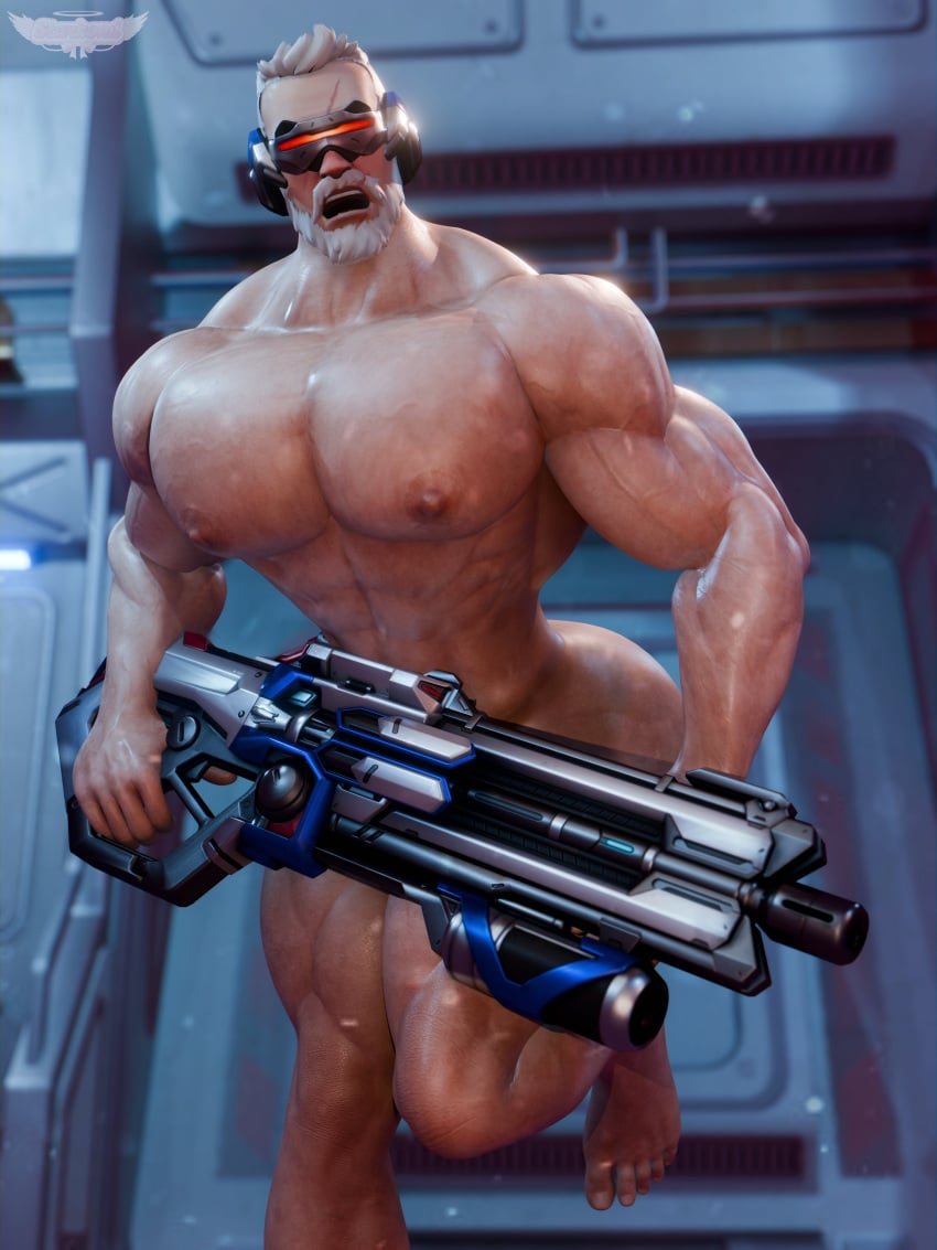 1boy bara barazoku beard completely_naked completely_naked_male completely_nude completely_nude_male covering covering_crotch gun light-skinned_male light_skin male male_only mature mature_male muscular muscular_male naked naked_male nude nude_male old_man overwatch pecs soldier_76 solo solo_male weapon white_hair