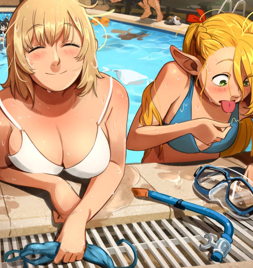 1boy 3girls after_cunnilingus after_fellatio after_oral big_breasts blonde_female blonde_hair blonde_hair_female breasts couple drowning drowning_in_background dungeon_meshi falin_touden fanon_couple female funny implied_cunnilingus implied_sex implied_yuri izutsumi khyleri lesbian lesbian_couple marcille_donato meme multiple_girls no_sex pool pool_party poolside senshi_(dungeon_meshi) swimming_pool swimsuit swimwear when_you_see_it yuri