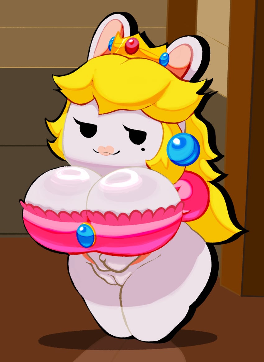 anthro bedroom_eyes big_breasts breasts clothed clothing crossover crown demi-pig_(artist) female genitals hair headgear hi_res huge_breasts jewelry lagomorph looking_at_viewer mammal mario_(series) mario_+_rabbids mario_+_rabbids:_kingdom_battle narrowed_eyes nintendo paper_mario pussy rabbid rabbid_peach raving_rabbids seductive simple_background smug solo ubisoft