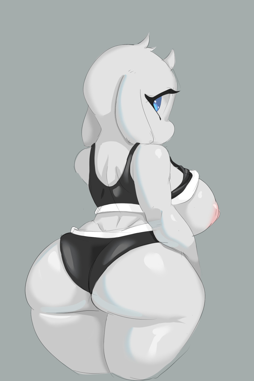 absurd_res anthro areola ass big_breasts big_butt black_bottomwear black_clothing black_topwear blue_eyes boss_monster_(undertale) bottomwear bovid breasts caprine clothed clothing eyelashes female floppy_ears fur goat grey_background hi_res horn huge_breasts huge_butt looking_at_viewer looking_back looking_back_at_viewer lop_ears mammal nipples pink_areola pink_nipples raised_clothing raised_topwear rear_view simple_background solo the_heking thick_thighs topwear toriel undertale_(series) white_body white_fur white_horn wide_hips