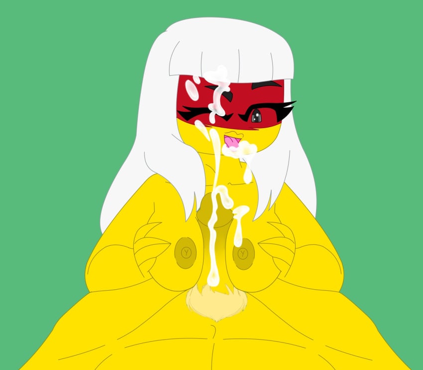 cum cum_on_face duchess_pixal harumi_(ninjago) lego lloyd_garmadon naked ninjago paizuri sons_of_garmadon_(ninjago) titfuck titjob unseen_male_face white_hair yellow_skin