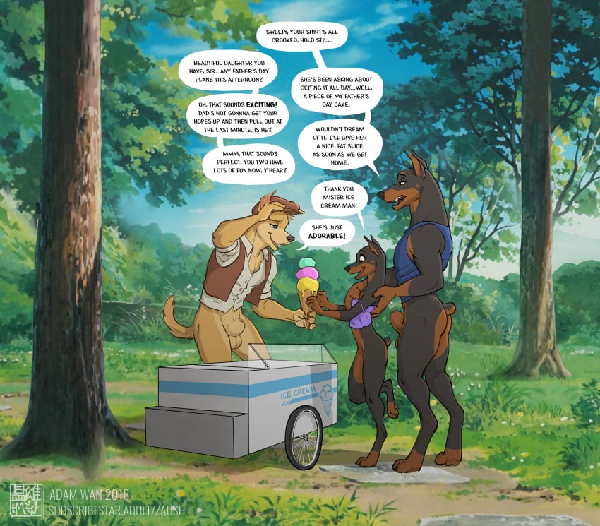 1female 2_fingers 2males 3_fingers adam_wan anthro big_balls black_body blue_clothing brown_body cartoony clothing color colored dialogue dialogue_bubble dobermann dogs excited father father_and_child father_and_daughter fathers_day forest_background furry_only golden_retriever hat ice_cream muscular_male no_humans outdoors serving_food size_difference smaller_female verbal weight_difference yellow_balls yellow_body yellow_tail zaush