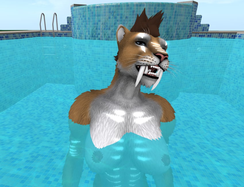 amani_the_shaman big_fangs black_lips blue_eyes breasts fangs feline female fur furry lioness long_fangs naked nipples open_mouth pearly_whites pool saberteeth sabertooth second_life smile smiling_at_viewer teasing teasing_viewer teeth white_teeth