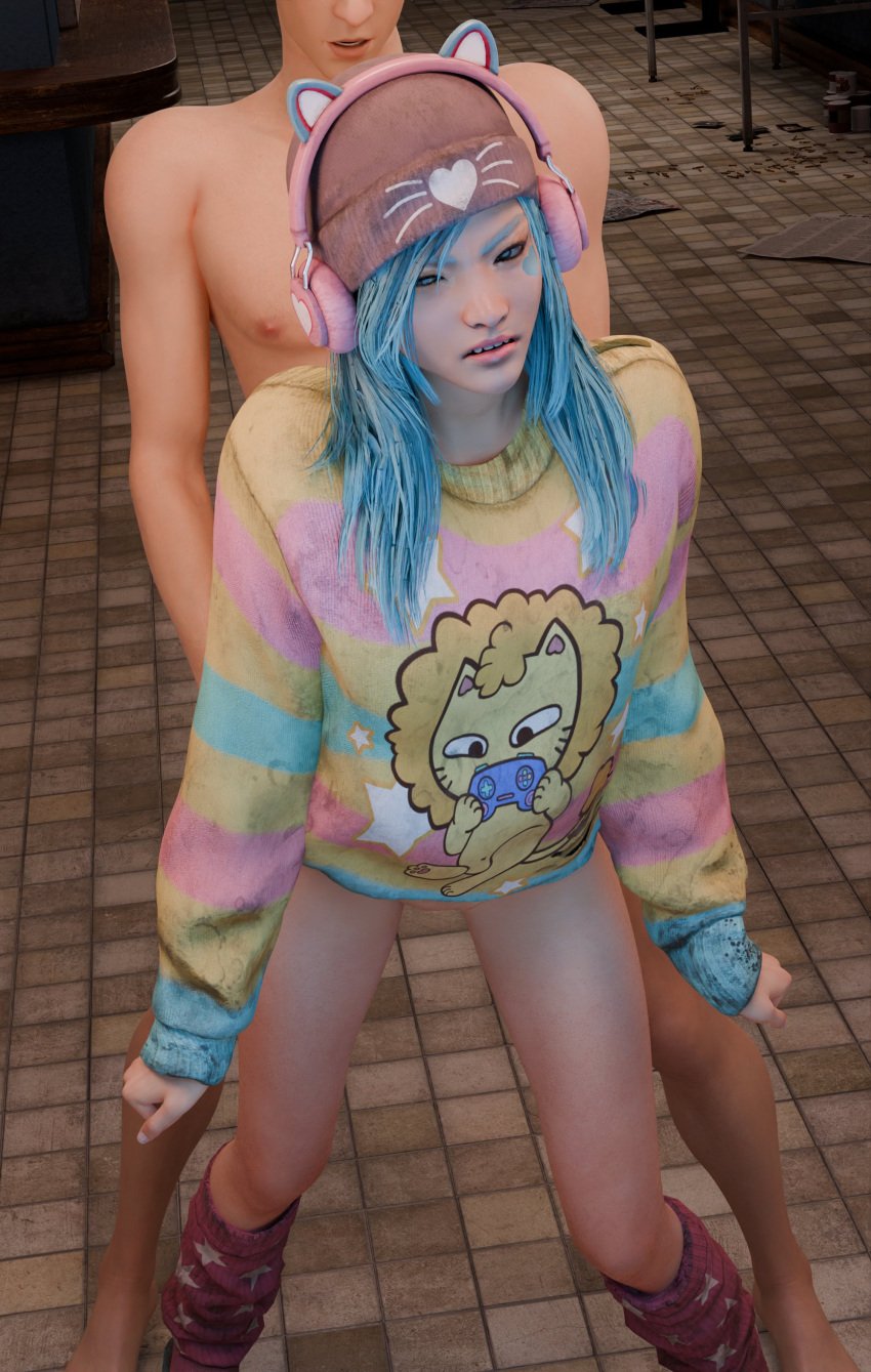 3d annoyed annoyed_expression beanie blue_hair bottomless cute dbd dead_by_daylight female female_focus feng_min forced headphones rape saltyu sex sex_from_behind socks socks_on standing standing_sex sweater vaginal_penetration vaginal_sex