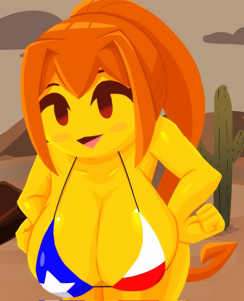 1girls alternate_version_available big_breasts bikini breasts eldibujador501 emoji emoji_(race) female female_only hands_on_hips long_hair mob_face open_mouth open_smile orange_hair smile solo solo_female