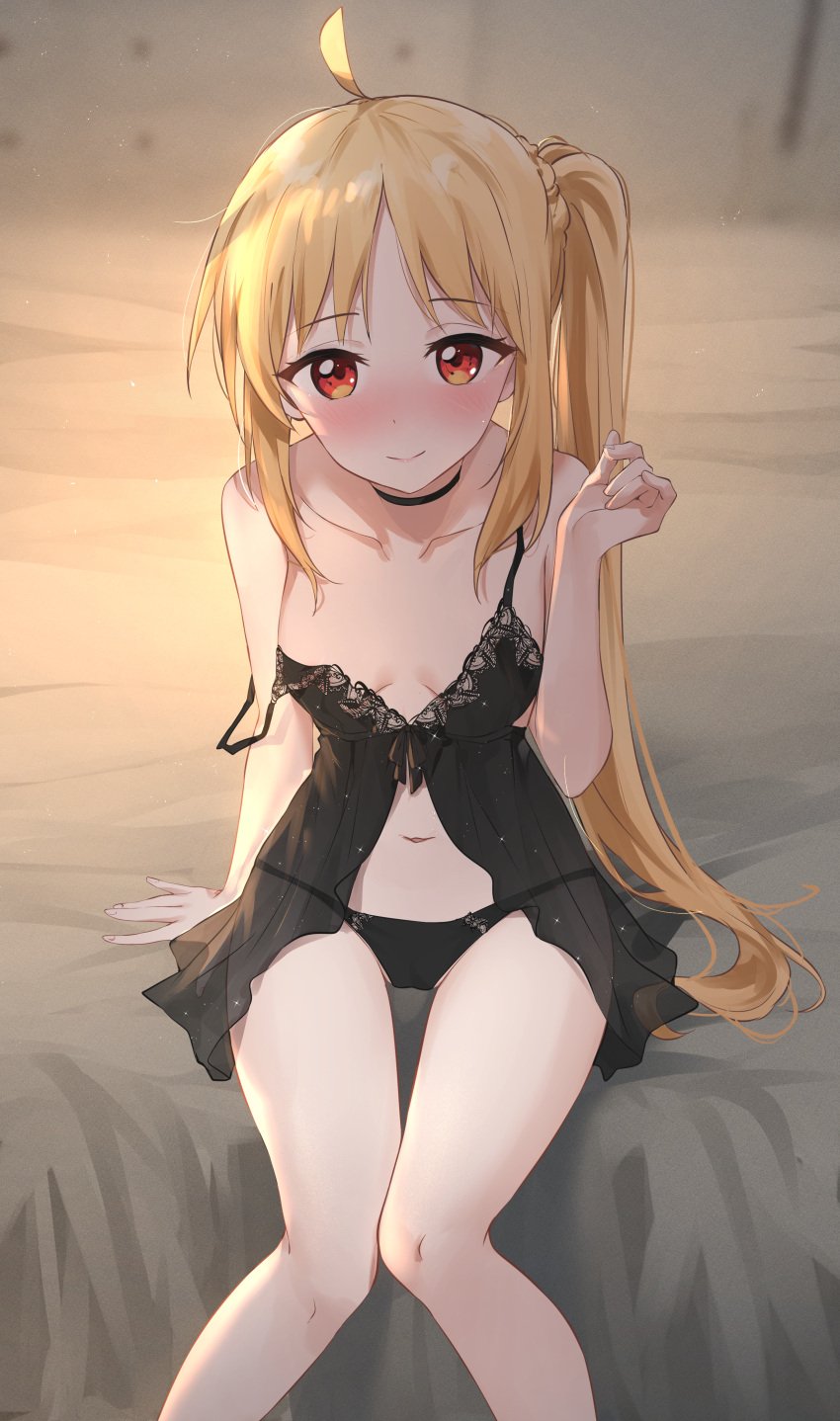 1girls absurd_res absurdres arm_support bare_arms bare_belly bare_calves bare_chest bare_hands bare_knees bare_legs bare_navel bare_shoulders bare_skin bare_thighs belly belly_button black_camisole black_choker black_panties black_underwear blonde_female blonde_hair blonde_hair_female blush blush_lines blushing_at_viewer blushing_female bocchi_the_rock! breasts camisole choker cleavage cleft_of_venus closed_mouth collarbone dot_nose elbows embarrassed embarrassed_female eyebrows_visible_through_hair feint721 feintheart721 female female_focus female_only fingers groin half_naked high_resolution highres ijichi_nijika knees knees_together_feet_apart lace_camisole lace_panties lace_underwear laced_panties laced_underwear legs light-skinned_female light_skin long_hair looking_at_viewer naked naked_female navel orange_eyes orange_eyes_female panties parted_bangs petite petite_body petite_breasts petite_female petite_girl pussy schoolgirl shoulders side_ponytail simple_background sitting sitting_on_bed slender_body slender_waist slim_girl slim_waist small_breasts smile smiling smiling_at_viewer solo student teenage_girl teenager thighs thin_waist underwear upper_body v-line