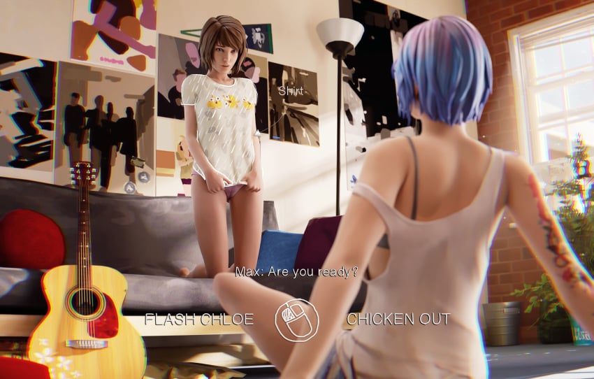 2girls 3d blue_hair brown_hair chloe_price dare dialogue dinoboy555 english_text female female_only flashing flashing_breasts life_is_strange max_caulfield panties yuri