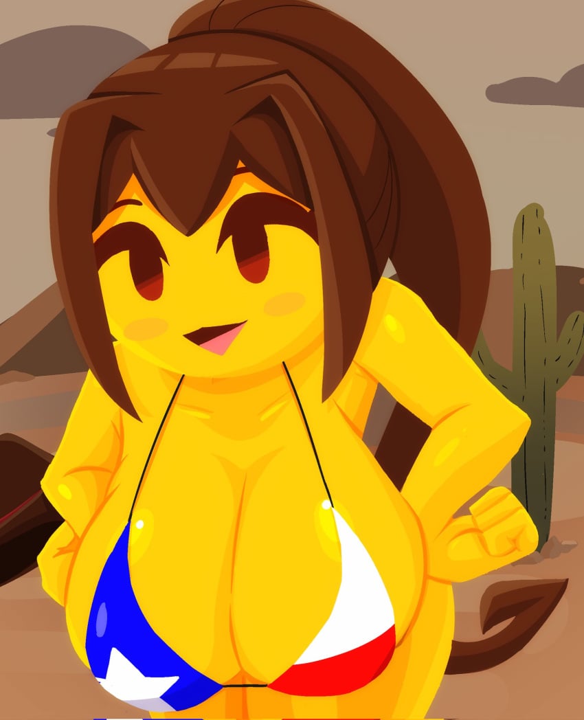 1girls alternate_version_available big_breasts bikini breasts brown_hair eldibujador501 emoji emoji_(race) female female_only hands_on_hips long_hair mob_face open_mouth open_smile smile solo solo_female