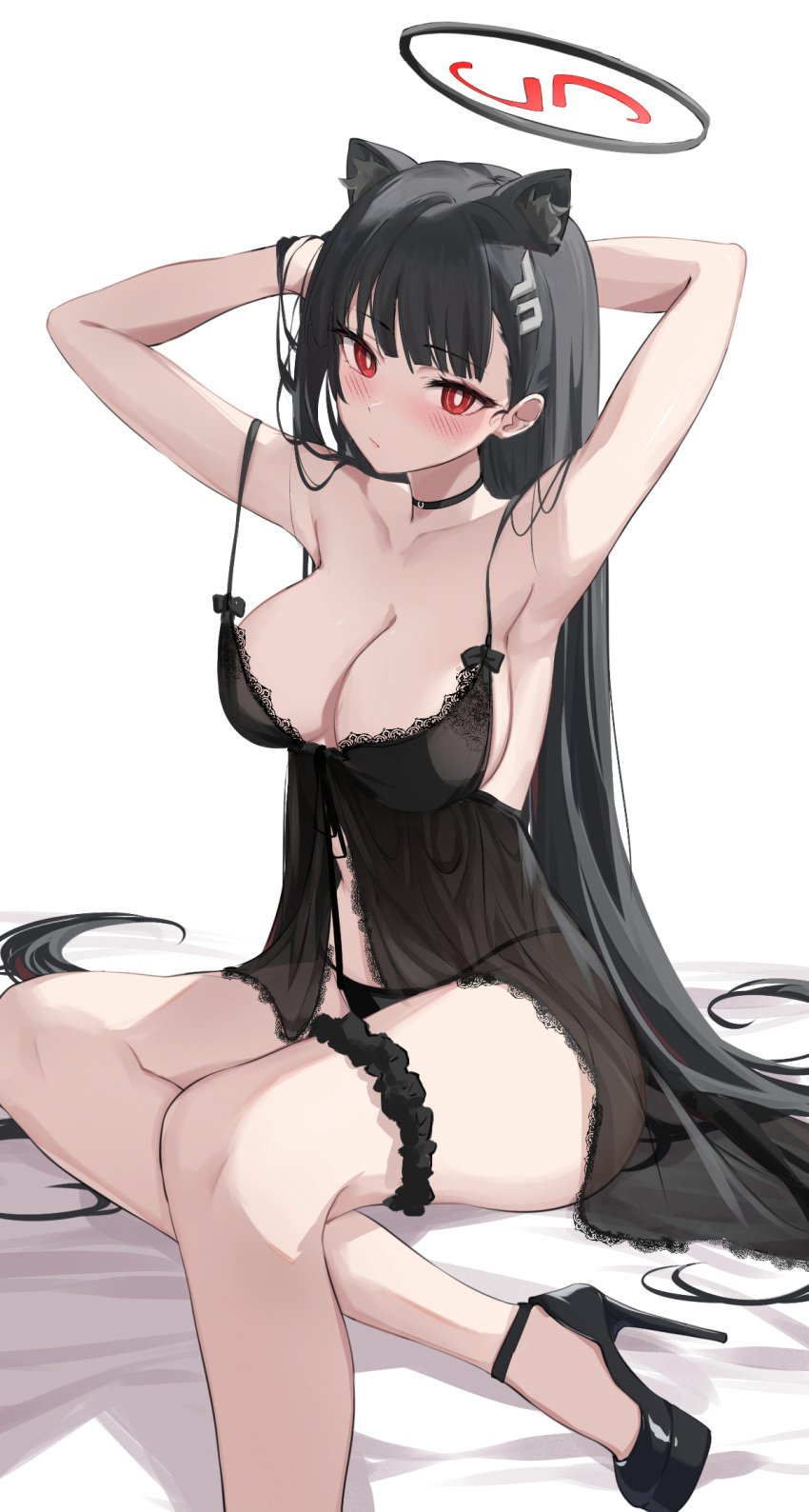 1girls absurd_res absurdres animal_ear_fluff animal_ears armpits arms_behind_head bare_armpits bare_arms bare_calves bare_chest bare_knees bare_legs bare_shoulders bare_skin bare_thighs belly black_bra black_camisole black_choker black_hair black_hair_female black_halo black_high_heels black_panties black_thighband black_underwear blue_archive blush blush_lines blushing_at_viewer blushing_female bra breasts camisole choker cleavage collarbone crossed_legs dot_nose elbows feet feint721 feintheart721 female female_focus female_only full_body groin hairpin half_naked halo hands_behind_head head_tilt high_heels high_resolution highres hourglass_figure knees lace_bra lace_underwear laced_bra laced_underwear large_breasts legs legs_crossed light-skinned_female light_skin lingerie lips long_hair looking_at_viewer naked naked_female nude nude_female panties platform_heels red_eyes red_eyes_female red_halo rio_(blue_archive) shoulders sideboob simple_background sitting slender_body slender_waist slim_girl slim_waist solo thick_thighs thighband thighs thin_waist tilted_head underwear v-line very_long_hair white_background wide_hips