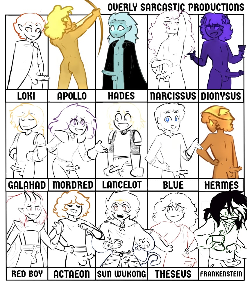 2d actaeon anthro apollo apollo_(mythology) apollo_(osp) arthurian_legends blue_(overly_sarcastic_productions) blue_body blue_eyes blue_hair dah_billin_(artist) deity dionysus dionysus_(osp) edit erection european_mythology frankenstein galahad galahad_(osp) gay god greek_mythology hades hades_(osp) hermes hermes_(osp) journey_to_the_west knight lancelot lancelot_(osp) literature loki loki_(osp) male male_focus male_only monster mordred mordred_(osp) mordrid mythology narcissus narcissus_(osp) nightmare_husbando norse_mythology nude overly_sarcastic_productions public_domain purple_hair purple_skin red_boy_(osp) scientist sun_wukong theseus undead victor_frankenstein yaoi yellow_body yellow_eyes youtube