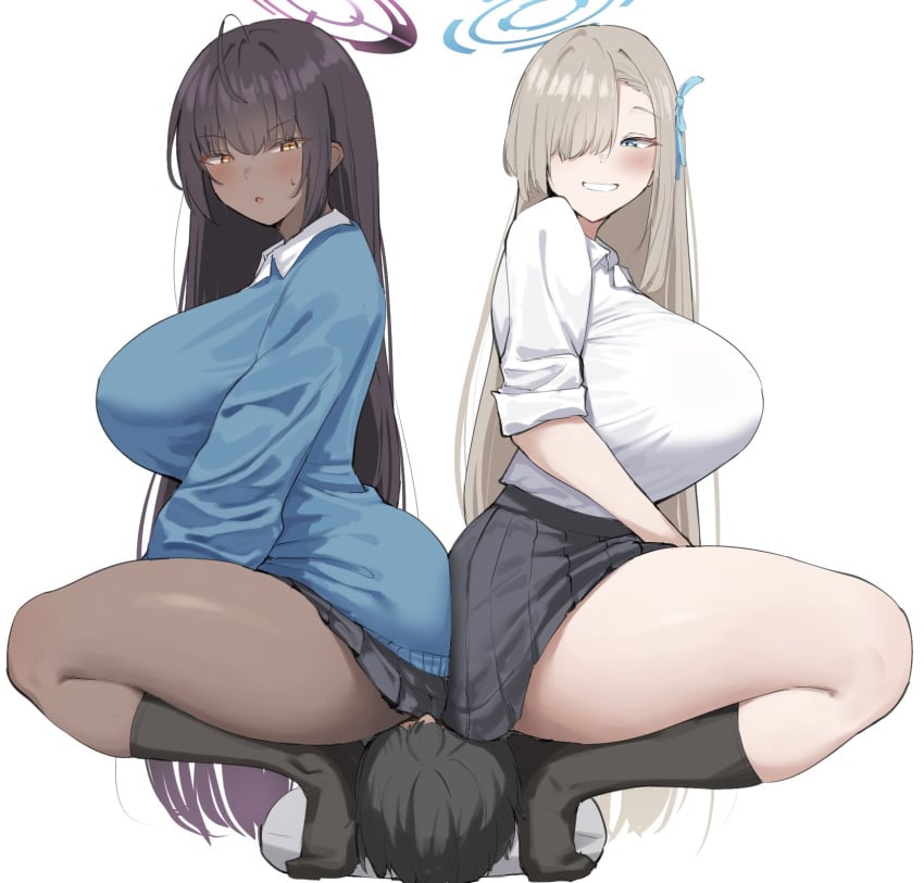 1boy 2girls asuna_(blue_archive) big_breasts blue_archive blue_eyes blush blushing_at_viewer breasts clothed clothed_female clothed_male dark-skinned_female dark_skin facesitting female_dominating_male female_domination femdom frown frowning frowning_at_viewer karin_(blue_archive) kemomimimof_(narodenden) light-skinned_female light_skin long_hair opposites smile smiling smiling_at_viewer thick_thighs thighs yellow_eyes