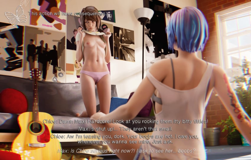 2girls 3d blue_hair brown_hair chloe_price dare dialogue dinoboy555 english_text female female_only flashing flashing_breasts life_is_strange max_caulfield multiple_girls panties yuri