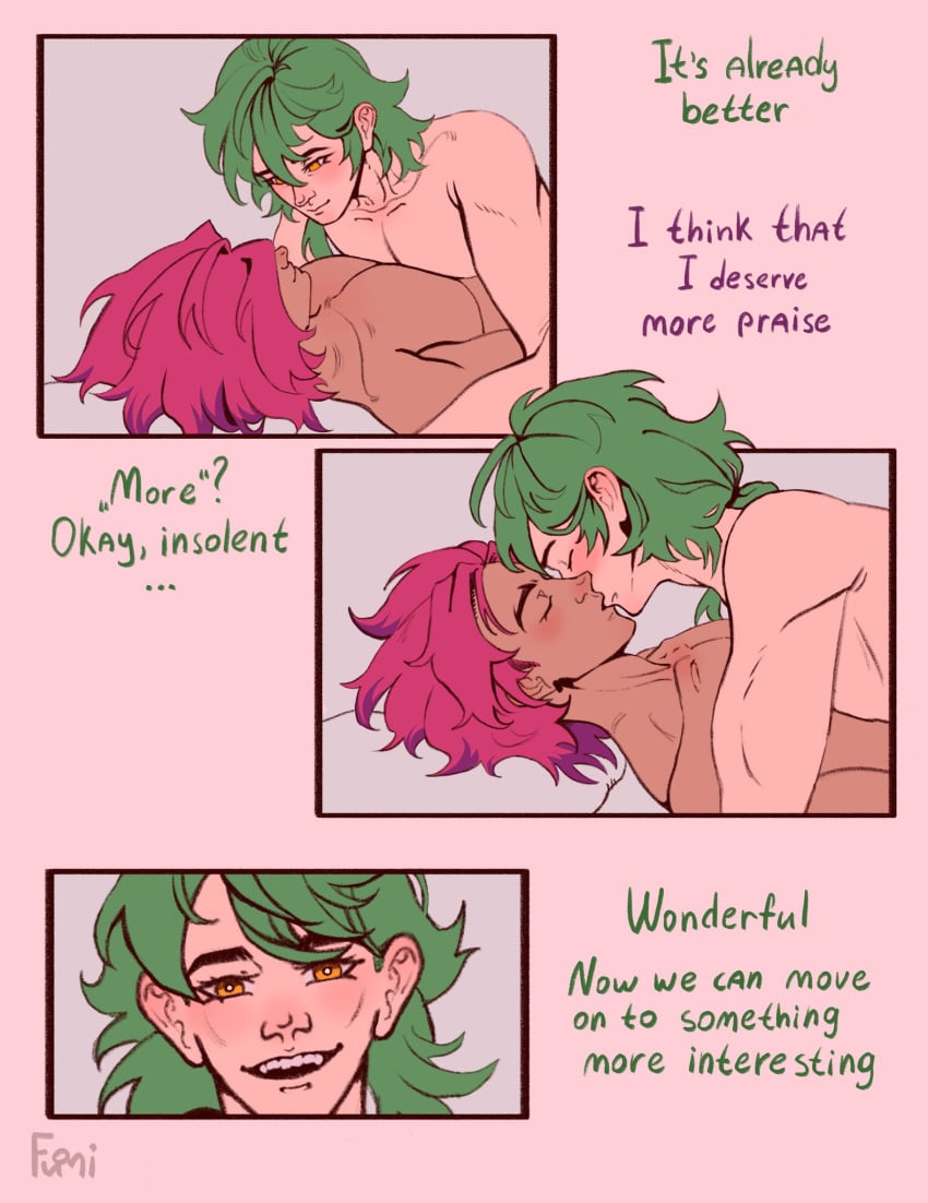 blush cute cute_male dialogue ezreal gay green_hair heartsteel_ezreal heartsteel_kayn heartsteel_series kayn kissing league_of_legends male male/male male_focus male_only pink_hair romantic romantic_couple yaoi yellow_eyes