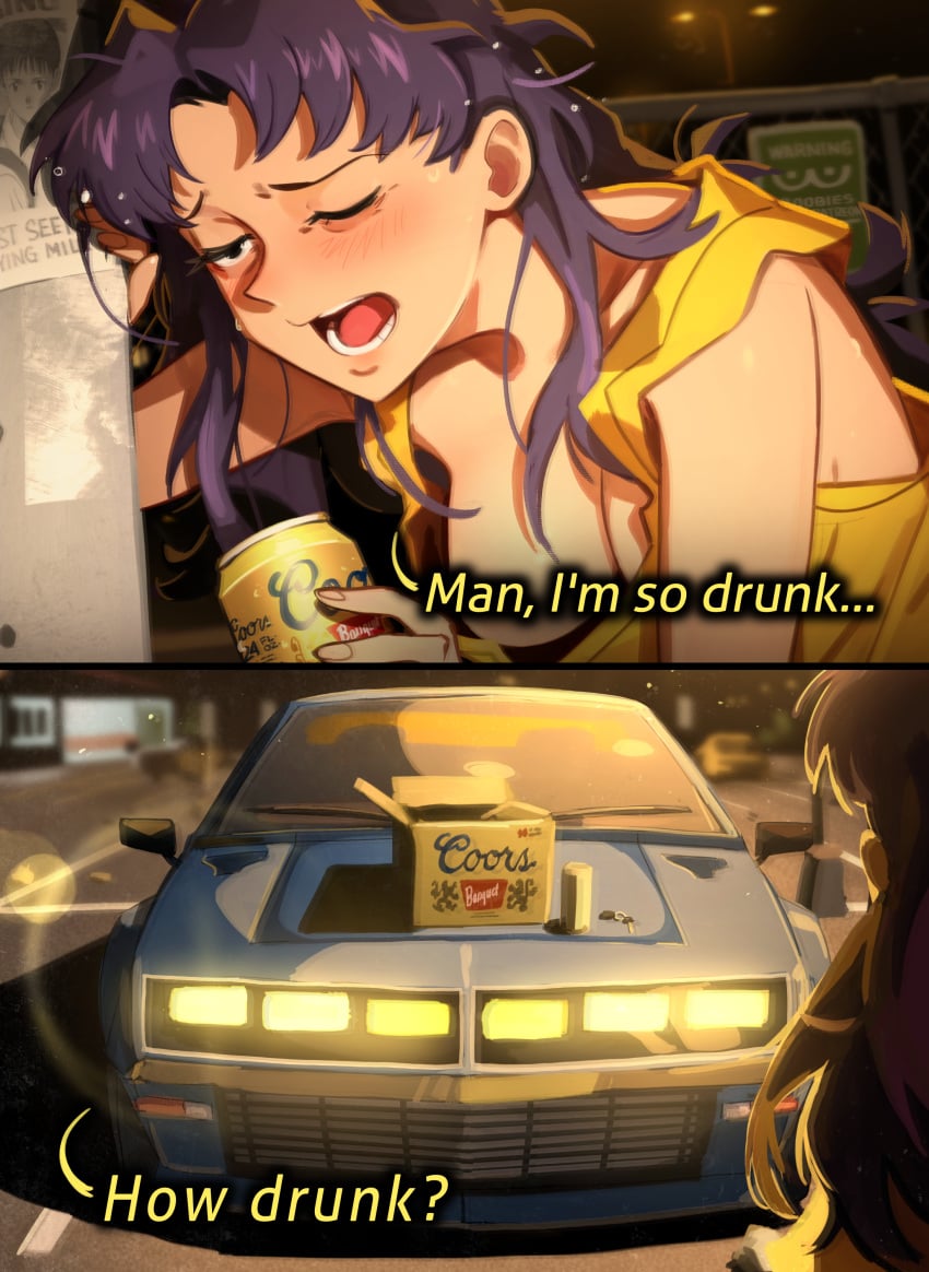 1female 1girls alcohol alcoholic_drink alternate_version_available areolae beer blush car coors drunk drunk_driving drunk_female female female_only funny holding_beverage khyleri light-skinned_female long_hair loose_clothes meme messy_hair milf misato_katsuragi missing_poster neon_genesis_evangelion nipple_slip older_female one_breast_out one_eye_closed open_mouth purple_hair shinji_ikari sweat sweatdrop sweating sweaty_breasts tired_eyes yellow_shirt younger_male