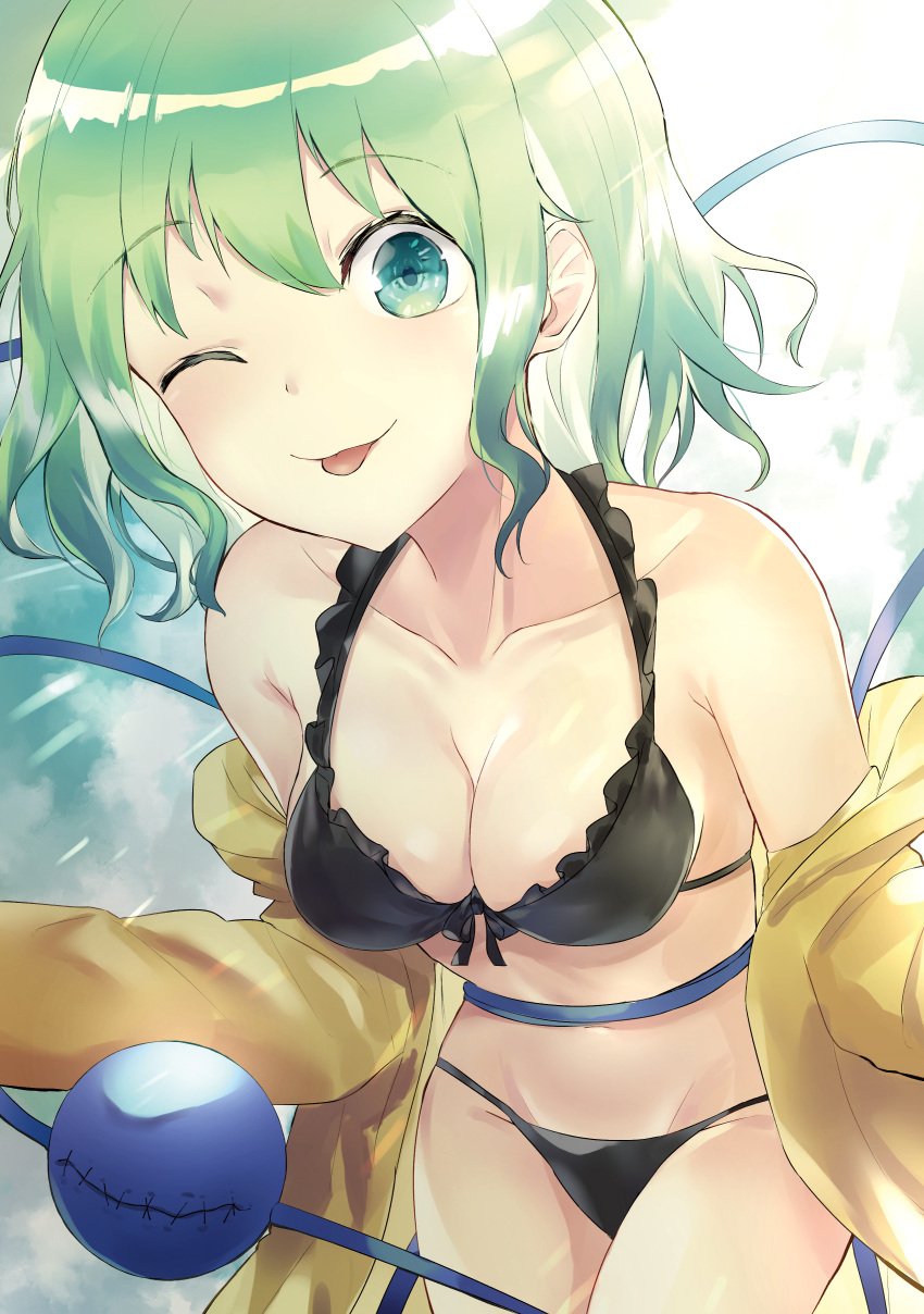 ;p absurdres bikini black_bikini black_bra black_panties bra breasts cleavage clothes_pull cowboy_shot female frilled_bikini frills front-tie_bikini_top front-tie_bra front-tie_top green_eyes green_hair highres jacket jacket_pull komeiji_koishi leaning_forward looking_at_viewer medium_breasts medium_hair navel no_pants off_shoulder one_eye_closed open_clothes open_jacket panties rice_(okome_no_naru_ki) solo swimsuit third_eye tongue tongue_out touhou underwear yellow_jacket