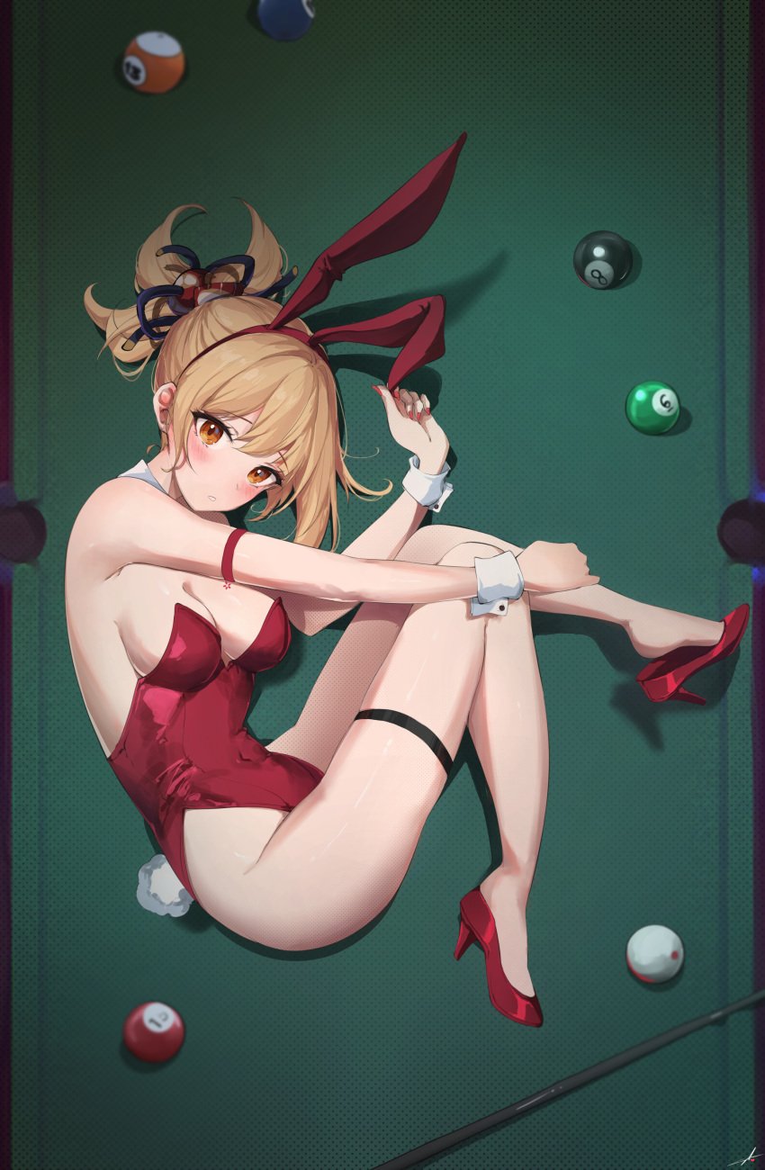 alternate_costume animal_ears arm_strap ball bare_shoulders billiard_ball black_thighband blonde_female blonde_hair blonde_hair blonde_hair_female breasts bunny_ears bunny_tail bunnygirl bunnygirl_outfit collar covered_navel cue_stick detached_collar eyebrows_visible_through_hair fake_animal_ears feint721 female fetal_position genshin_impact hair_ornament hairband high_heels highleg highleg_leotard laying_down laying_on_side legs leotard long_hair looking_at_viewer lying medium_breasts nail_polish on_side on_table orange_eyes parted_lips playboy_bunny ponytail pool_table rabbit_ears red_bunny_ears red_bunnysuit red_footwear red_hairband red_high_heels red_leotard shoe_dangle short_ponytail solo strapless strapless_leotard table thigh_strap thighband thighs white_collar white_wrist_cuffs wrist_cuffs yoimiya_(genshin_impact)