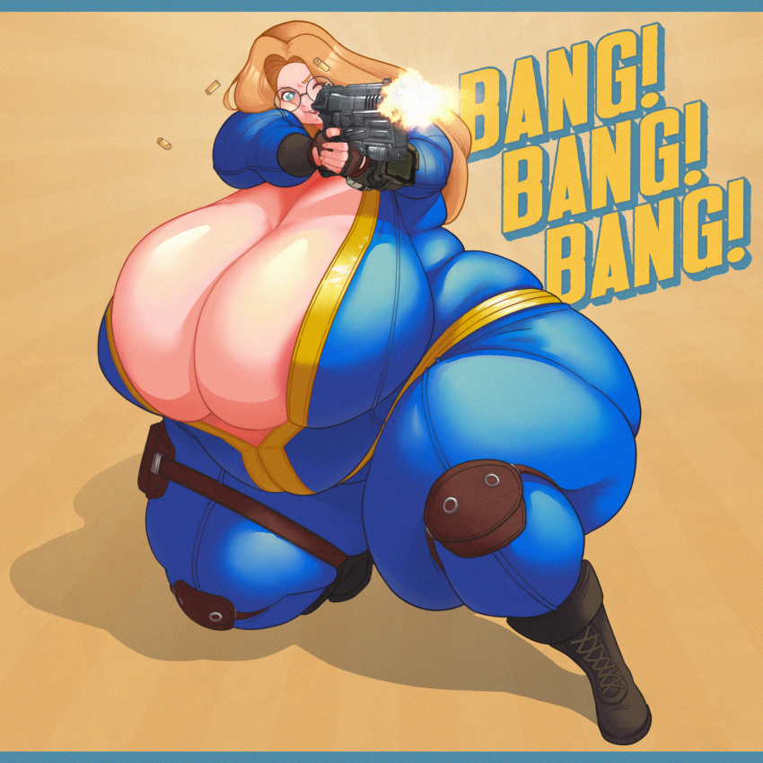 10mm_pistol bbw blonde_female blonde_hair breasts chubby chubby_female clothing exposed_breasts fallout fallout_(series) female firearm gun handgun human morbidly_obese obese pale_skin plump_potato weapon