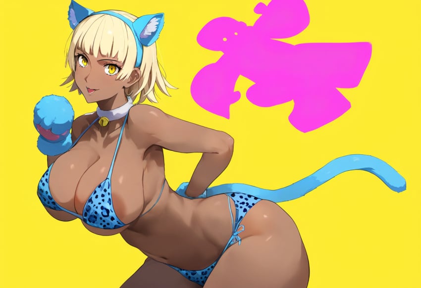 ai_generated animal_print bikini blonde_hair cat_ears corruption dark-skinned_female enemy_conversion gyaru large_breasts leopard_print lordem makoto_niijima persona_5 yellow_eyes