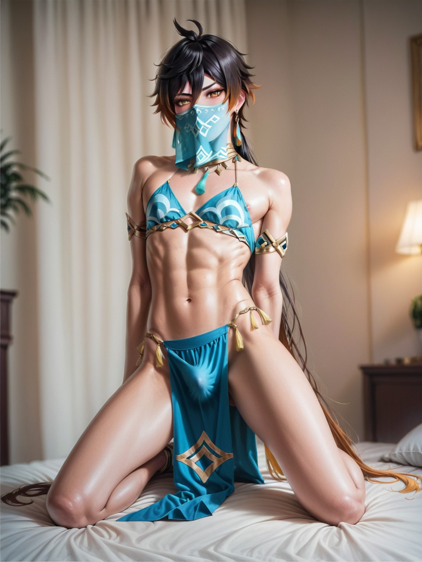 abdominals abs ai_generated crossover femboy fxmx23 gay genshin_impact gerudo_outfit gerudo_top gerudo_veil light-skinned_male loincloth looking_at_viewer male mouth_veil nipples pelvic_curtain small_penis solo the_legend_of_zelda zhongli_(genshin_impact)