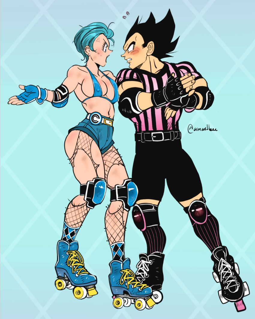 1boy 1girls amartbee arguing artist_signature big_breasts bikini_top black_hair blue_hair bulma_briefs busty canon_couple denim_shorts dragon_ball dragon_ball_z elbow_pads female fingerless_gloves fishnets knee_pads light-skinned_female light-skinned_male light_skin male muscular_male ripped_fishnets roller_derby roller_skates vegeta