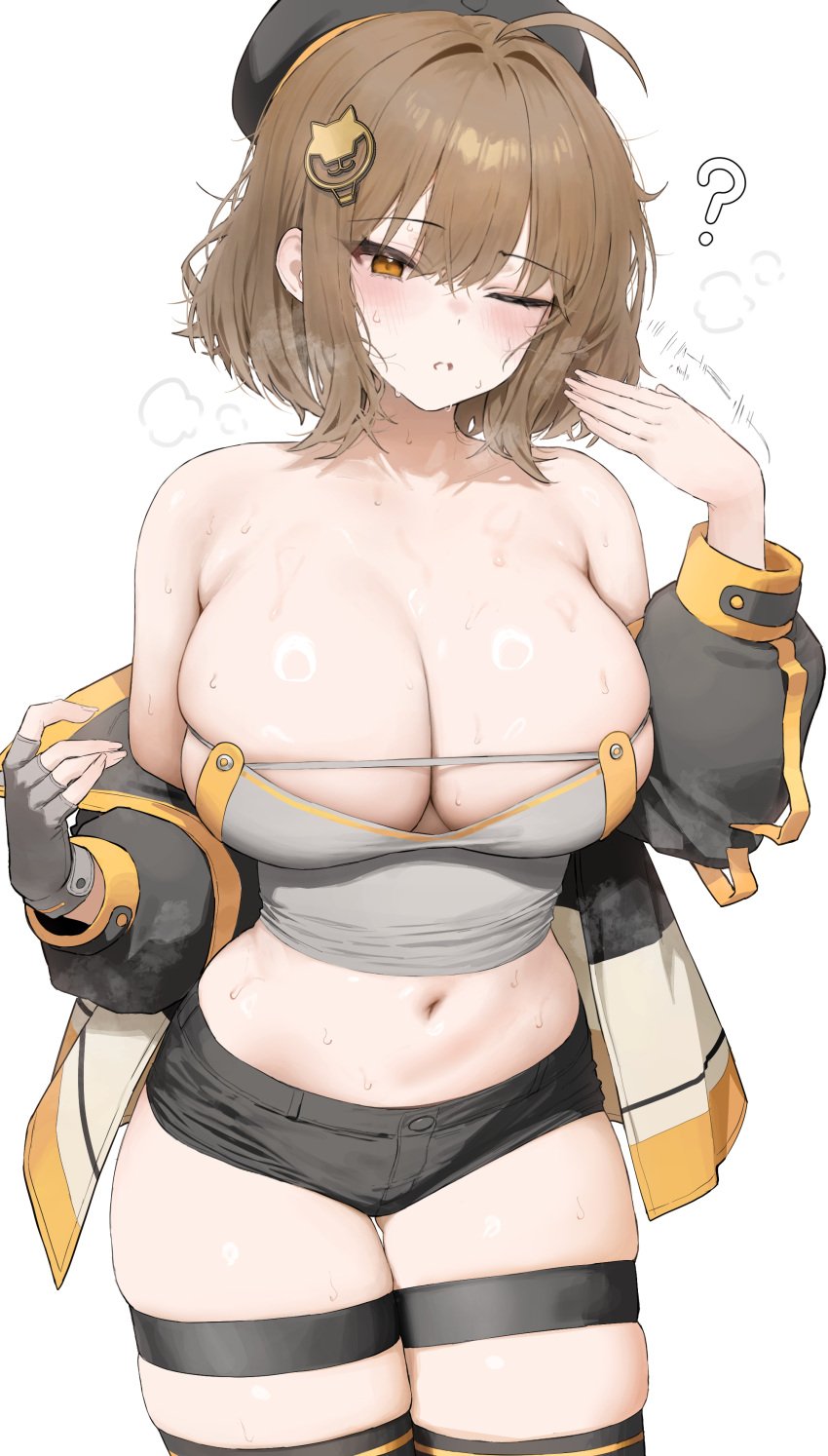 1girls anis_(nikke) breasts brown_hair cleavage female goddess_of_victory:_nikke huge_breasts light-skinned_female light_skin mochirong naughty_face short_hair short_shorts shorts solo solo_female tank_top thick_thighs wide_hips