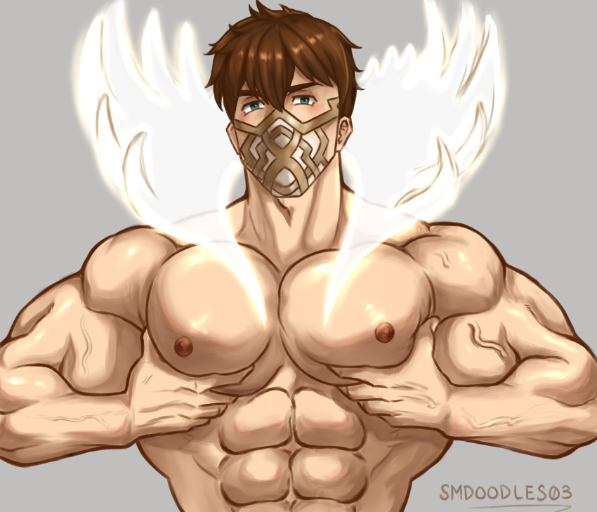 1boy 2024 abs bara big_chest brown_hair eikthyrnir_(fire_emblem) fire_emblem fire_emblem_heroes grabbing_own_pecs green_eyes hi_res large_pectorals looking_at_viewer male male_only mask masked mouth_mask muscular muscular_arms muscular_male nintendo nipples no_visible_genitalia pecs pectoral_squeeze pectorals simple_background smdoodles03 smooth_skin solo squeezing_pecs touching_self twitter_username upper_body veins veiny_arms veiny_biceps