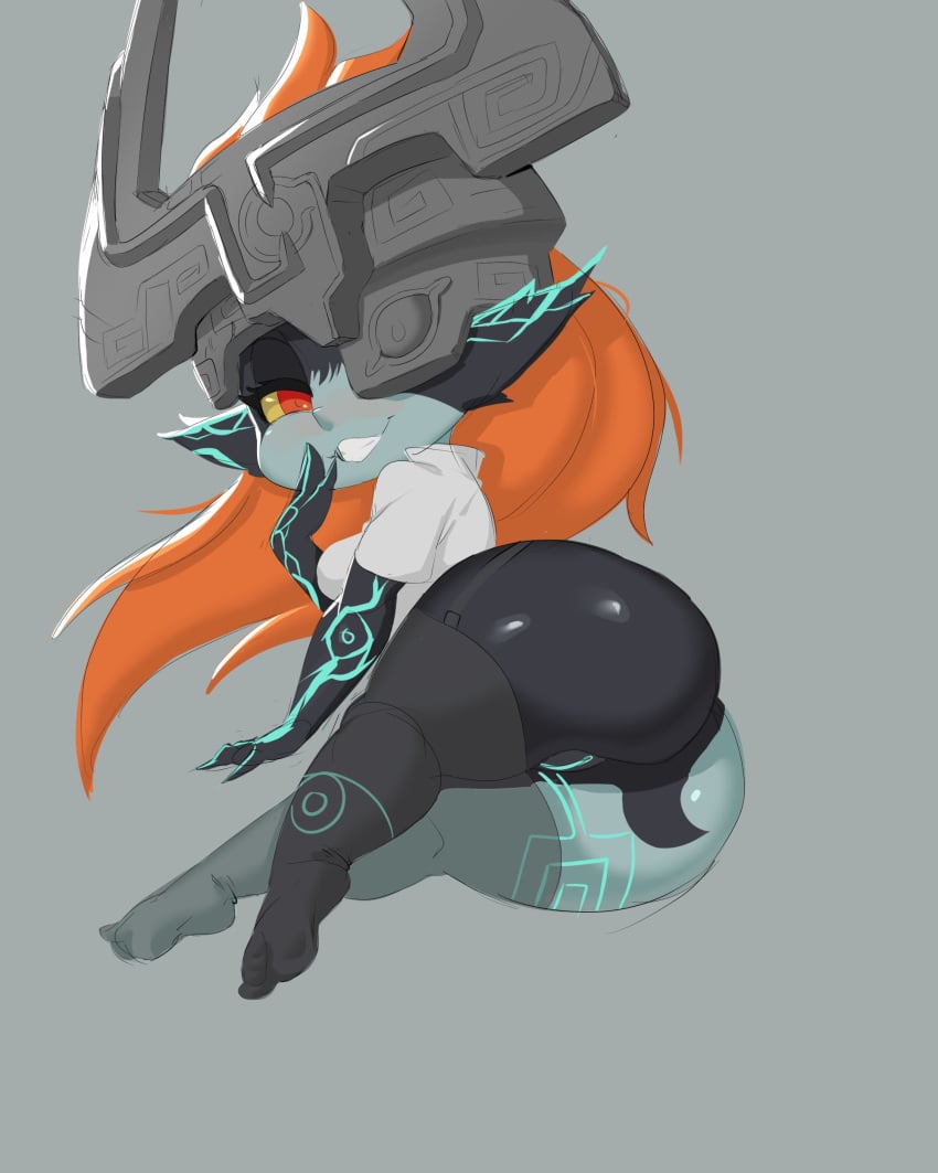 absurd_res armor ass big_ass black_body blue_markings blue_pussy bottomless breasts clothed clothing eyelashes female genitals grey_background grey_body grey_clothing grey_legwear grey_stockings hair headgear helmet hi_res humanoid humanoid_pointy_ears imp imp_midna legwear long_hair looking_at_viewer markings midna nintendo one_eye_obstructed orange_hair pussy red_eyes shortstack simple_background smile solo stockings the_heking the_legend_of_zelda thick_thighs topwear twili twilight_princess white_clothing white_topwear wide_hips yellow_sclera