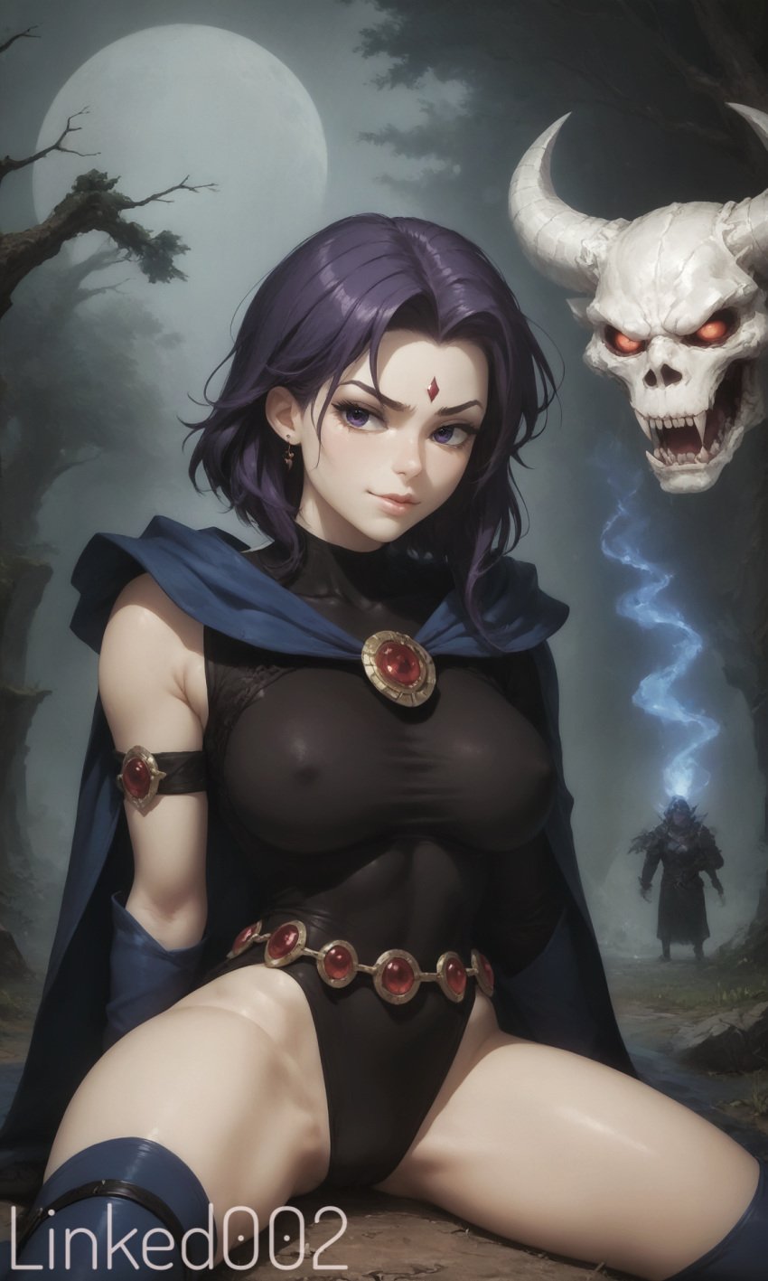 1girls ai_generated dark dc_comics female goth goth_girl graveyard horny linked002 raven_(dc) skull solo_focus spell teen_titans