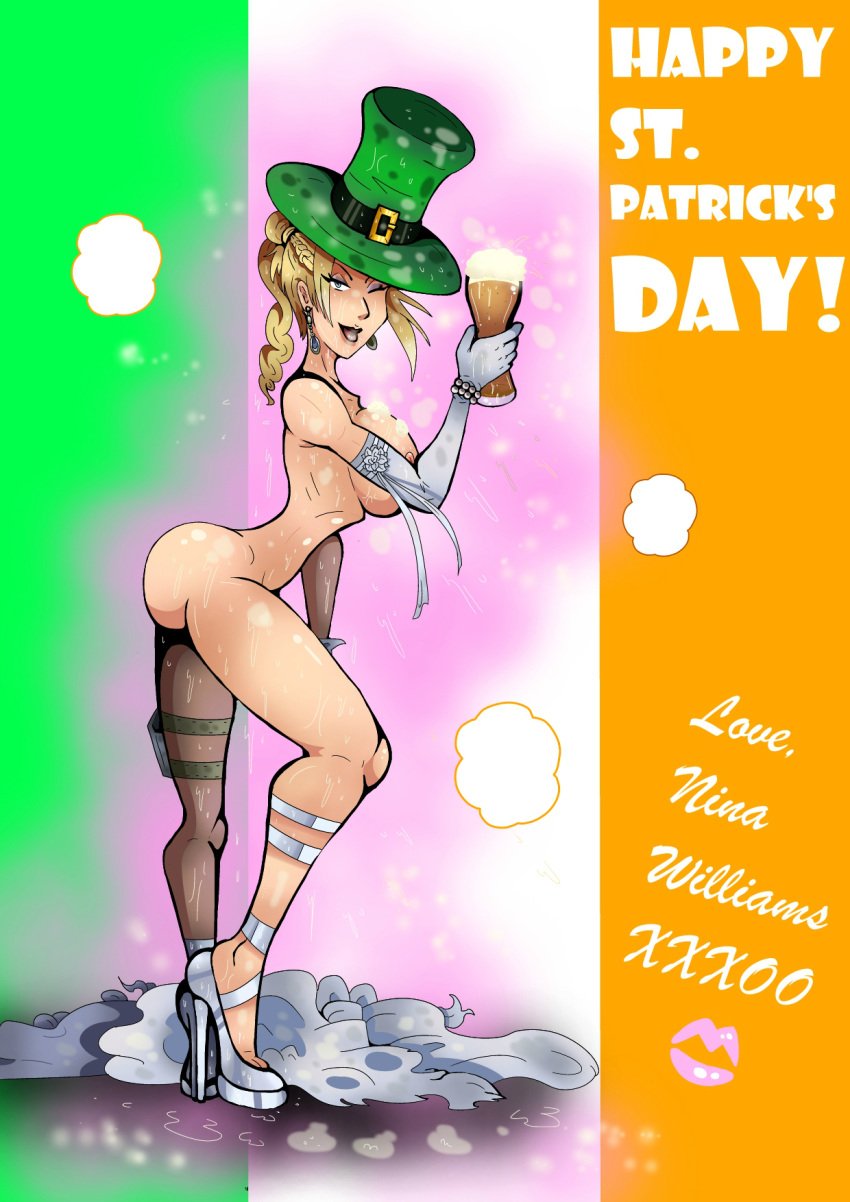 2016 alcohol alternate_version_available ass assassin beer beverage blonde_hair bracelet breasts bride celebration clothes_removed clothing dandabar dress drink dripping drunk earrings female female_only food footwear froth hat holidays human ireland large_breasts lass makeup mammal nina_williams nude pinup pose primate shoes solo solo_female st._patrick's_day tekken tekken_7 text undressed wet