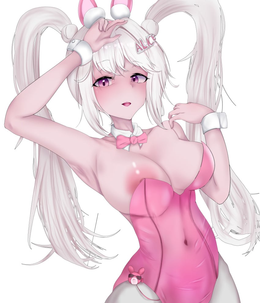 accidental_exposure alice_(nikke) alice_(wonderland_bunny)_(nikke) breasts bunny_ears bunnysuit cleavage goddess_of_victory:_nikke nipple_slip nipples no_bra open_mouth pink_eyes twintails white_background white_hair